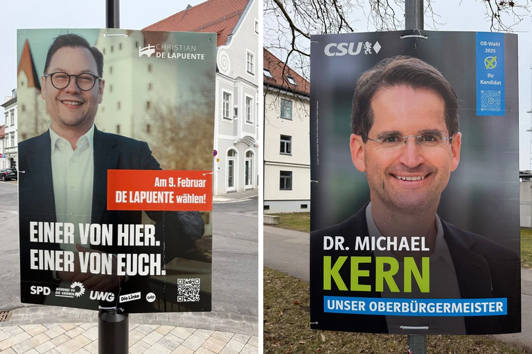 Die Bildkombo zeigt Wahlplakate der beiden Oberbürgermeister-Kandidaten Michael Kern (r, CSU)&nbsp;und von Christian De Lapuente, der von SPD und vier weiteren Gruppierungen aufgestellt wurde. Kern ging als Sieger aus der Stichwahl hervor. — © Ulf Vogler/dpa