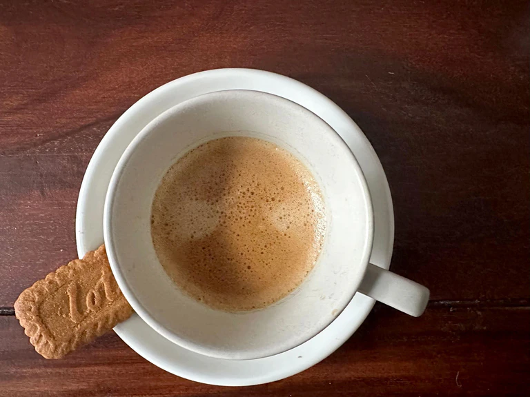 Total 2025: Frischer Kaffee und dazu ein kleiner Keks, ein Karamellkeks. (Archivbild) — © Gregor Tholl/dpa