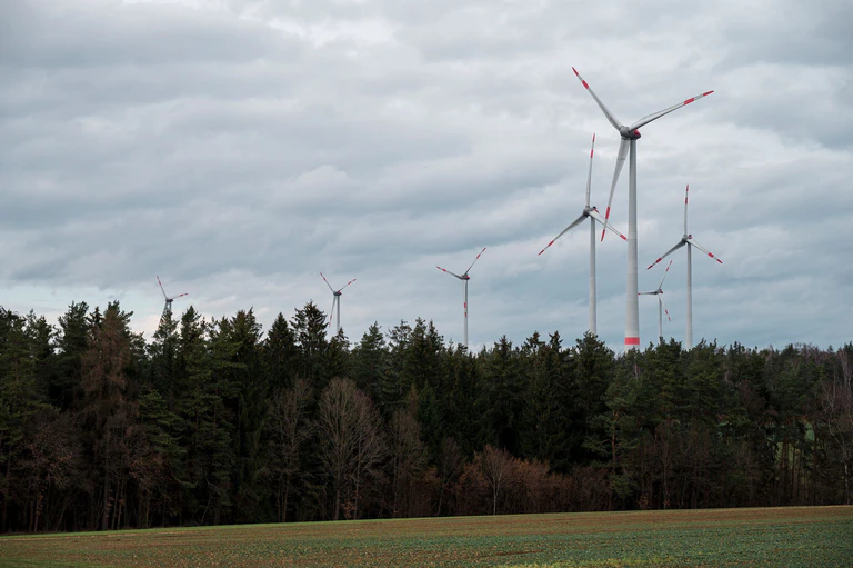 Windräder ragen aus dem Wald - manche sehen darin eine Verschandelung der Natur. (Archivfoto) — © Daniel Vogl/dpa