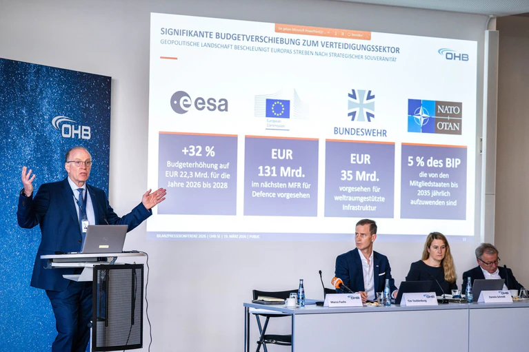 Der Vorstandsvorsitzende von OHB SE, Marco Fuchs, zeigte sich zufrieden mit den aktuellen Geschäftszahlen.  — © Sina Schuldt/dpa