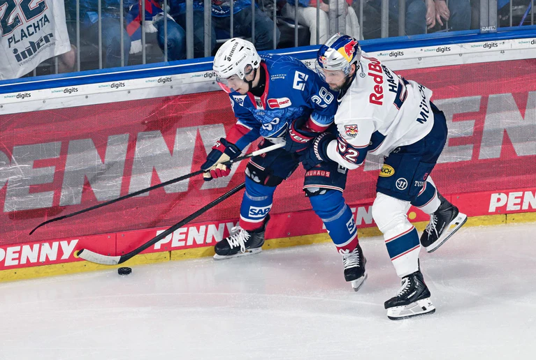 Alexander Ehl und Patrick Hager kämpfen um den Puck - am Ende hatte Mannheim die Nase vorn. (Archivbild) — © Uwe Anspach/dpa
